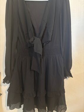 Black Long-Sleeve Tie-Front Tiered Dress